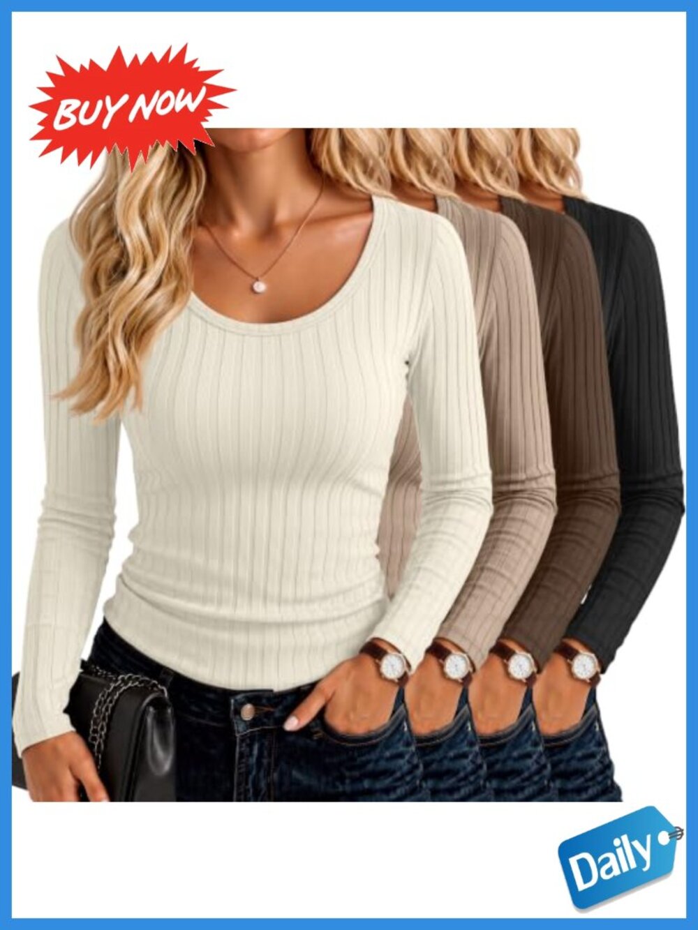 Riyiper 4 Pack Women's Ribbed Long Sleeve Cotton Slim Fit Tops Crew Neck Shirts